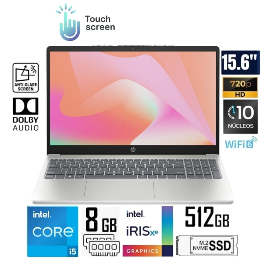 Hp Táctil 15-FD0152LA, Core I5-1334U Hasta 4.6GHz, 8GB DDR4, 512GB NVMe, 15.6 FHD 1920x1080 IPS, WiFi, Webcam HD, Bluetooth, FreeDOS, Dorado Cálido, Teclado Español, 3 Celdas